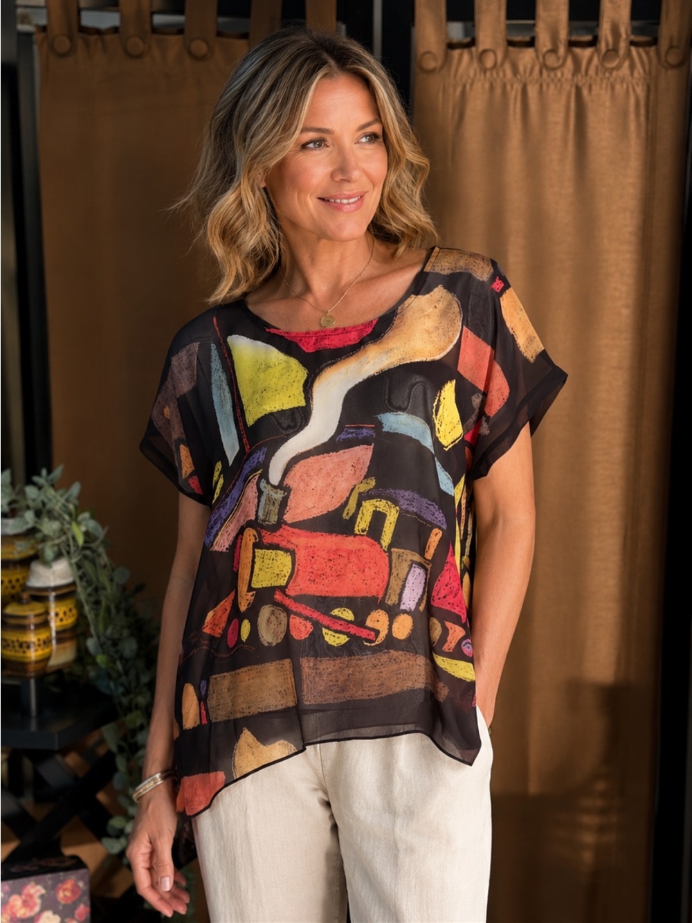 Colorful Abstract Print Sheer Blouse
